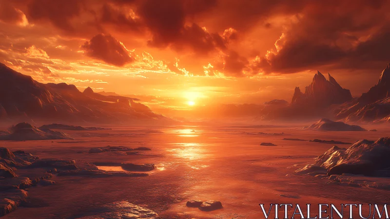 Fiery alien desert sunset illuminates frozen reflective basin