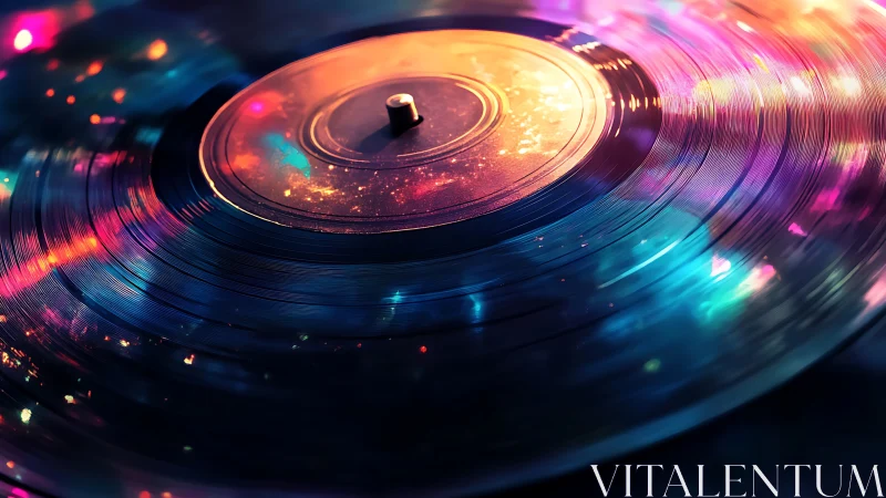 Glowing vinyl record spins under neon club lights in motion