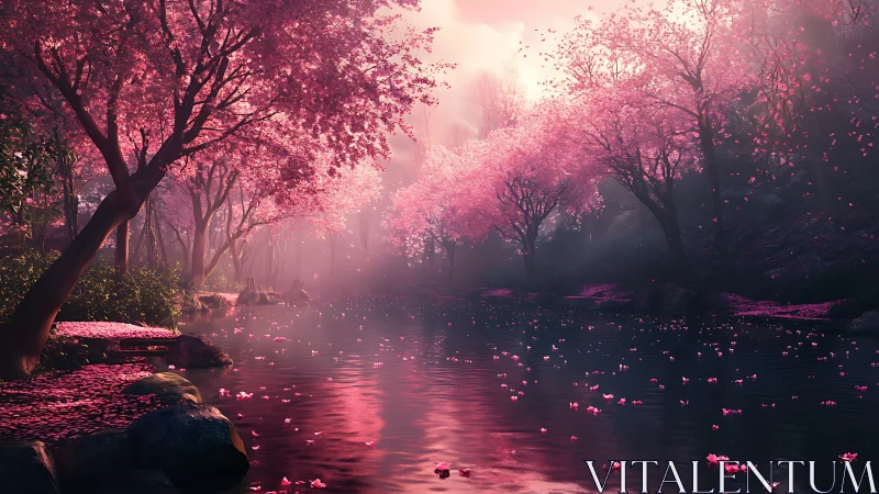 Pink blossom river under soft twilight haze.