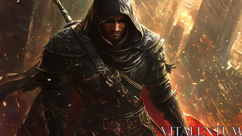 Hooded armored figure stands in illuminated urban ruins