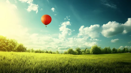 Red hot air balloon above sunlit rural grassland field.
