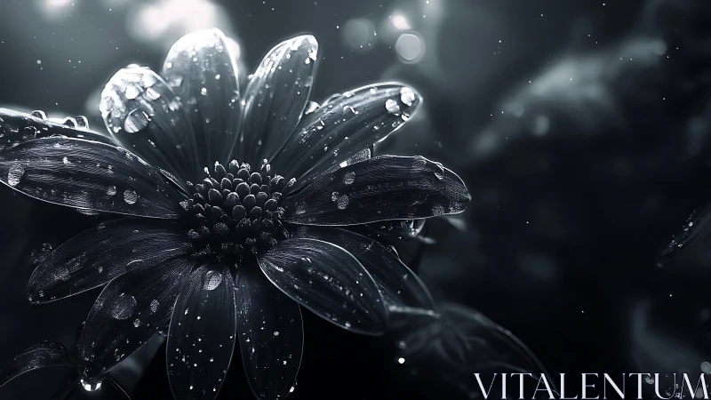 Monochrome macro flower with specular raindrop highlights.