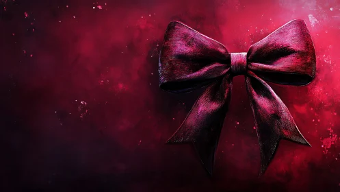 Velvety crimson bow floating in a dreamy painted glow.