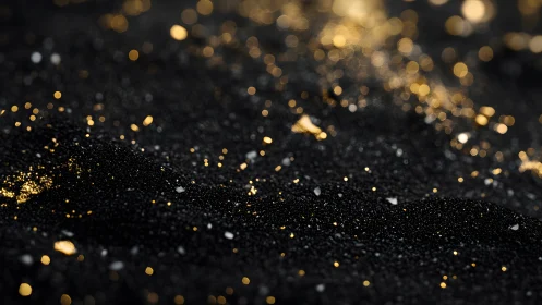 Sparkling Gold Dust on Black Sand in Elegant Abstract Style.