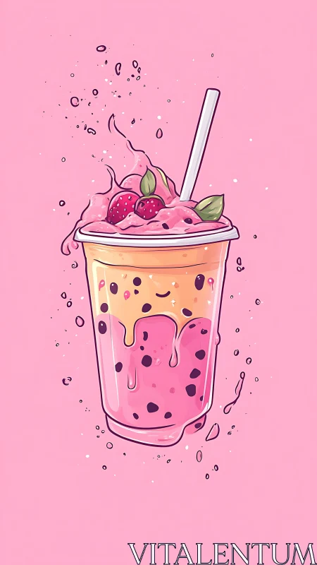 Strawberry bubble drink illustration with dynamic splash physics.