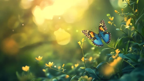 Blue butterfly hovers over sunlit yellow wildflower meadow