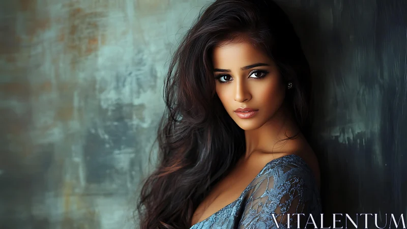 Smoldering gaze of woman in teal lace against moody wall.