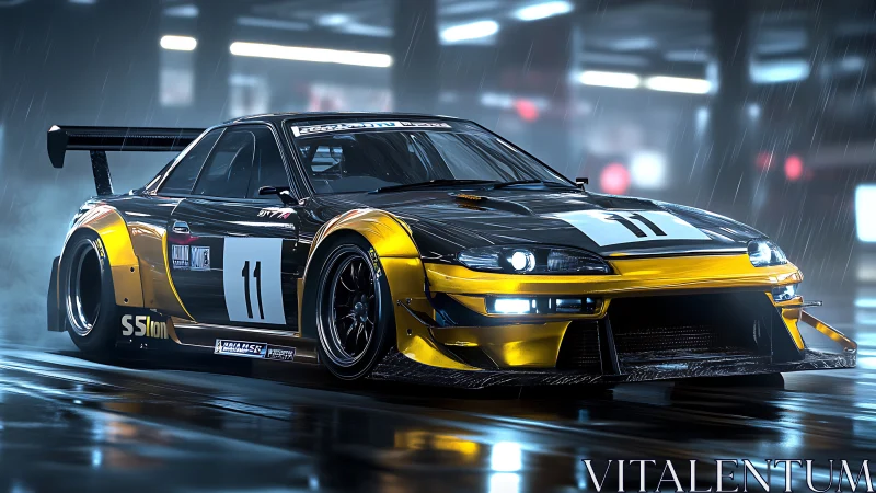 Sleek gold and black drift car powers through neon rain.