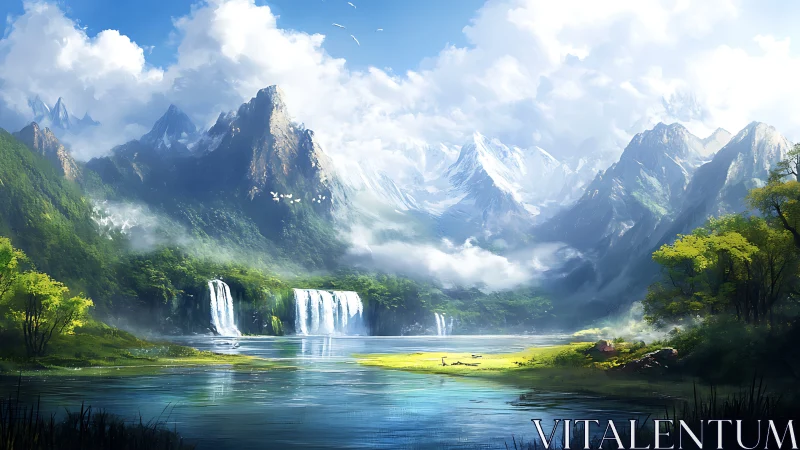 Expansive alpine valley renders cascading waterfalls in luminous detail