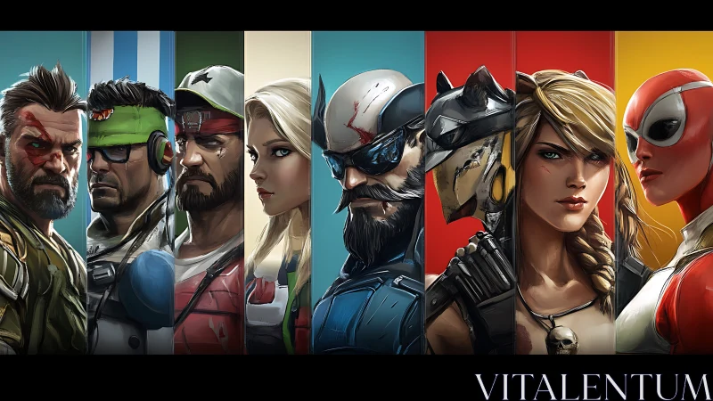 Stylized futuristic hero lineup with segmented vibrant backdrops