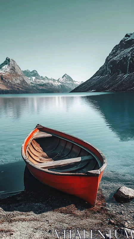 Small red wooden rowboat rests on calm alpine lake shore