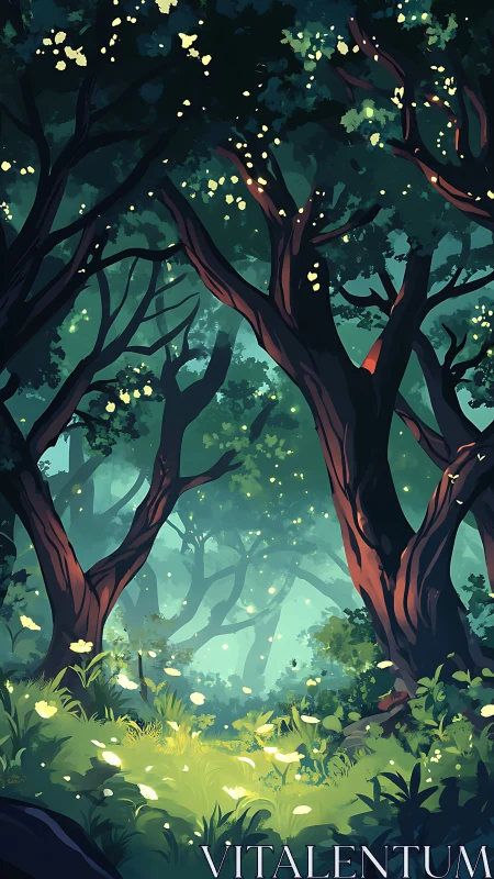 Enchanted Forest Glow: Ancient Trees with Luminous Fireflies.