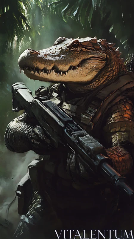 Armored alligator commando wielding rifle in jungle light.