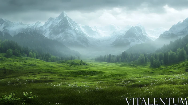 Volumetric light over alpine meadow and snow-laden peaks