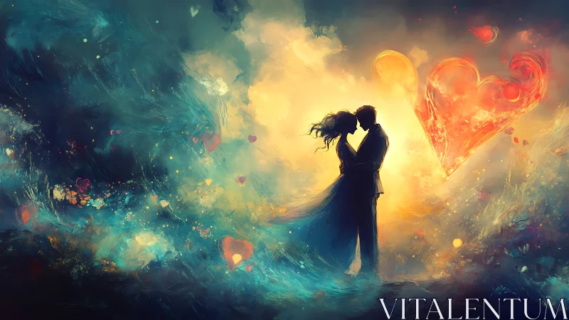 Silhouetted couple amid luminous heart symbols and nebulous atmosphere