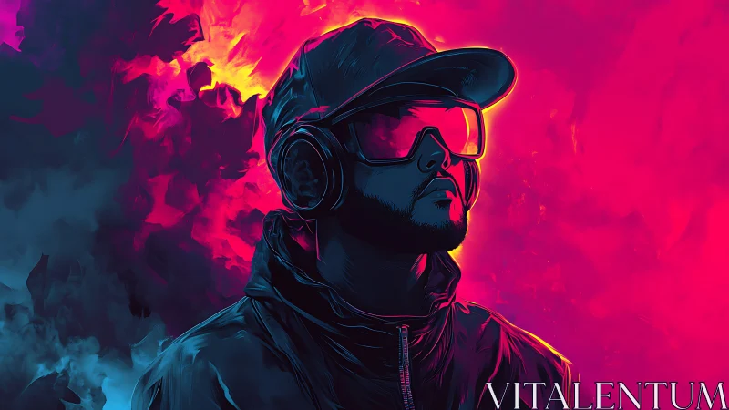 Neon dreamer in glowing headphones and citylight haze.