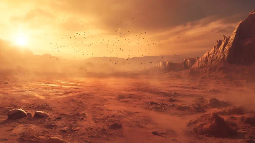 Digital painting of sunlit Martian desert basin in haze.