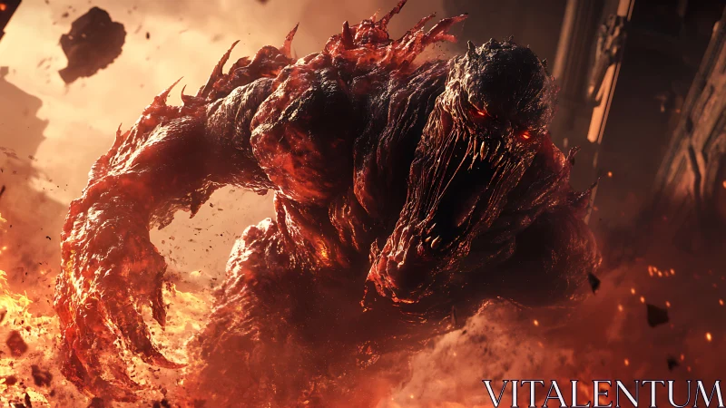 Molten titan erupts from the inferno, shredding the embers