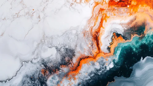 Pigmented fluid dynamics mapping molten shoreline boundaries.