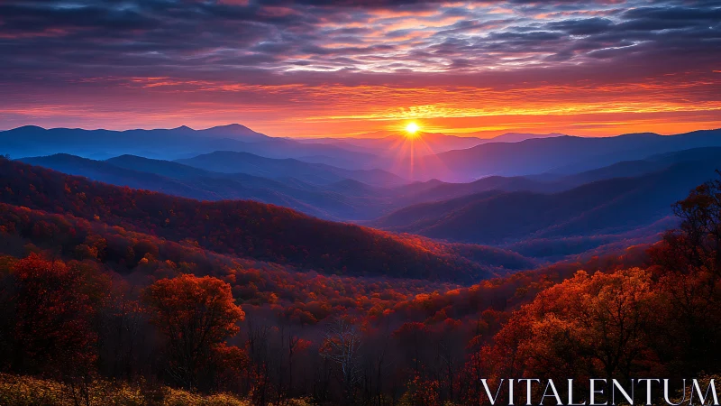 Digital painting of layered autumn mountains at sunrise panorama.