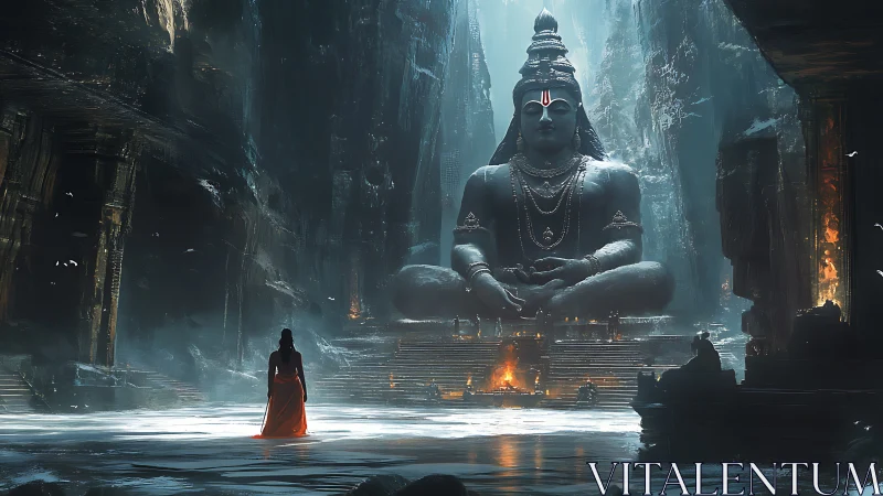 Massive stone deity statue dominates cavernous temple hall