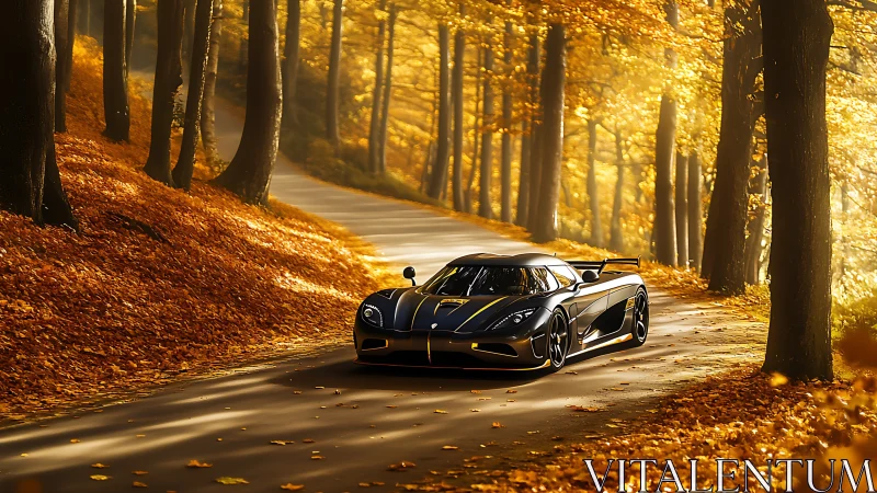 Autumn forest road welcomes a sleek supercar in warm light