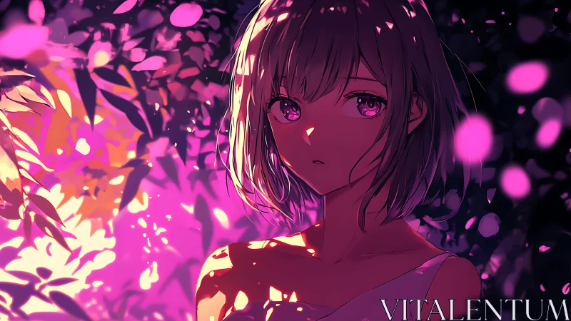 Backlit anime portrait uses neon bokeh and high-contrast foliage
