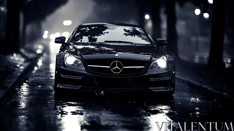 Rain-soaked sports coupe advances through a cinematic night street