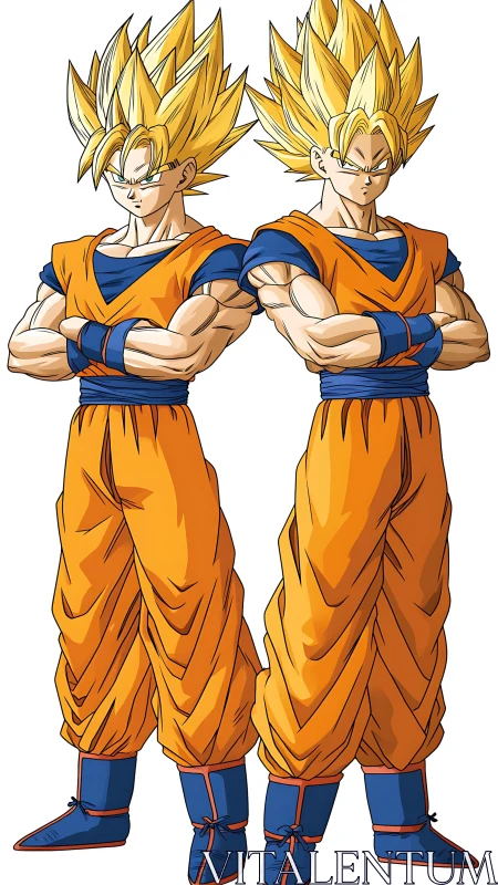 Twin golden-haired warriors in crossed-arms power stance.