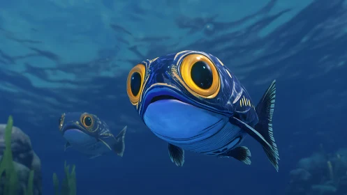 Cartoon blue fish with oversized eyes swims in clear water
