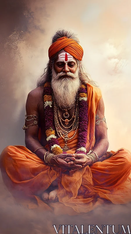 Serene ascetic in vivid saffron robes rendered as digital painting