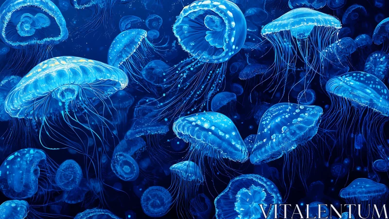 Luminous blue jellyfish swarm drift through dark ocean depths