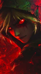 Demonic hooded warrior with burning red eyes in shadows.