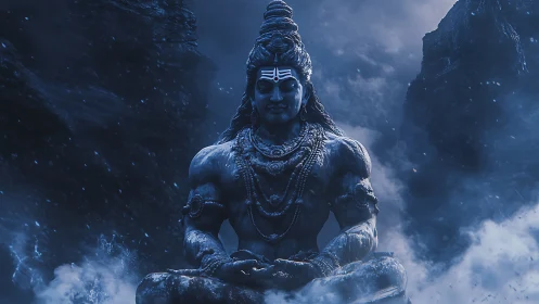 Monochrome Himalayan deity render in atmospheric blue volumetrics.