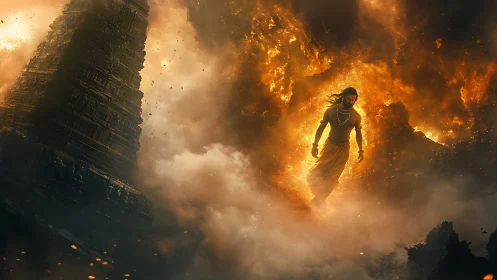 Mythic warrior emerging through volcanic fire and storm clouds