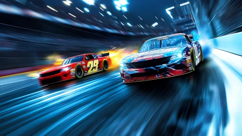 Two stock cars on illuminated racetrack in dynamic motion.