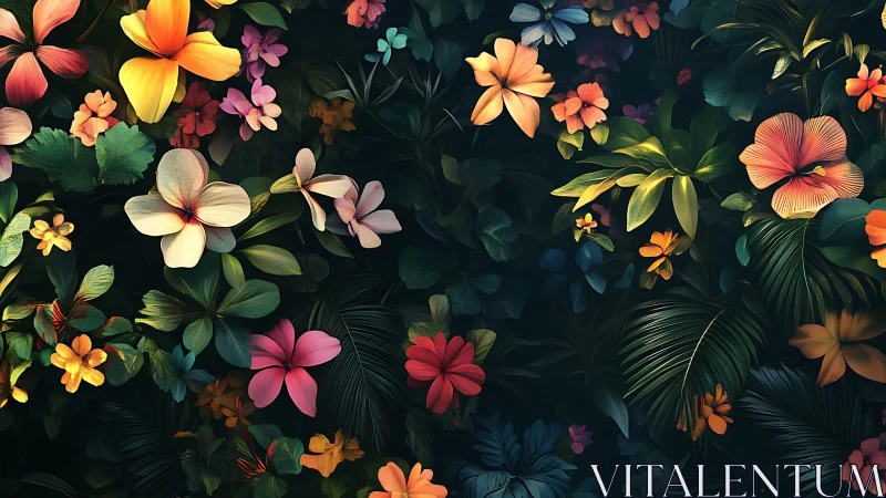 Chromatic tropical flora field under controlled chiaroscuro lighting.