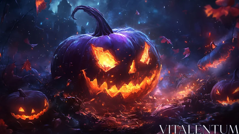 Sinister jack o’lantern blaze in a haunted twilight forest.