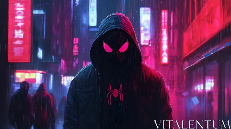 Hooded spider-hero walks alone through neon-soaked city rain