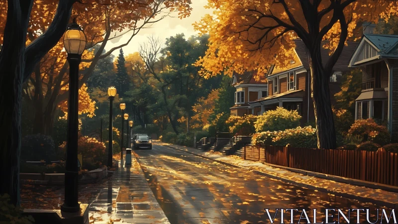 Golden leaflit neighborhood street after autumn rainstorm.