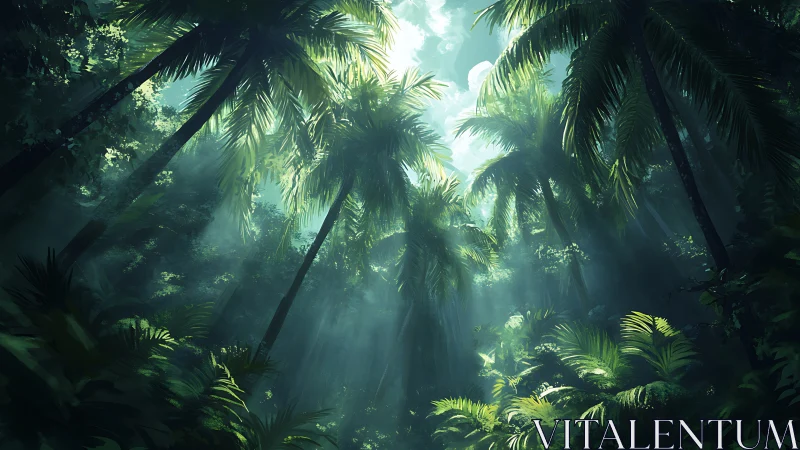 Tropical Rainforest Canopy. Sunlight Through Dense Palm Trees.