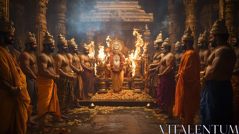 Sacred temple council gathers around fiery central deity ritual.