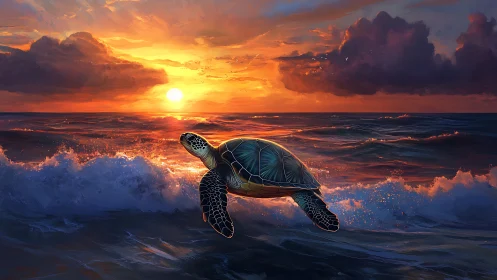 Marine turtle breaching sunlit waves under saturated sunset sky