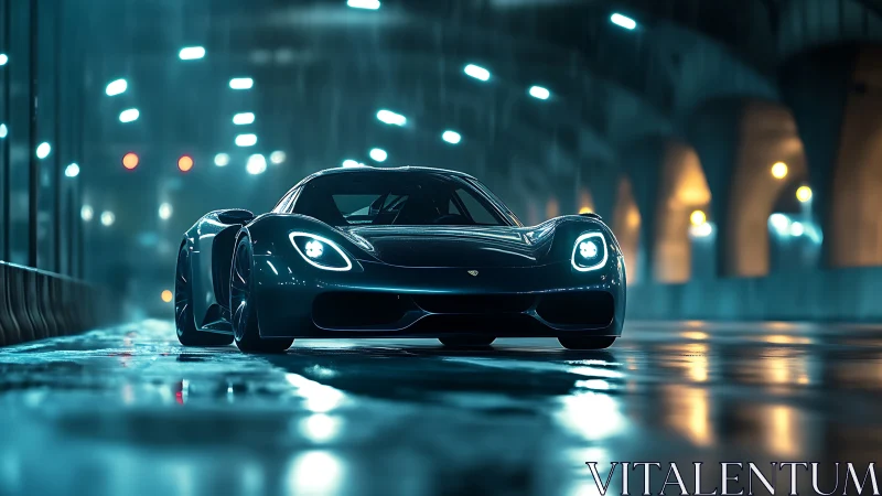 Midnight hypercar stalks neon rain along a glistening tunnel