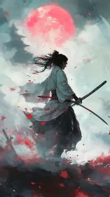 Ronin silhouette under crimson sun with dynamic katana draw