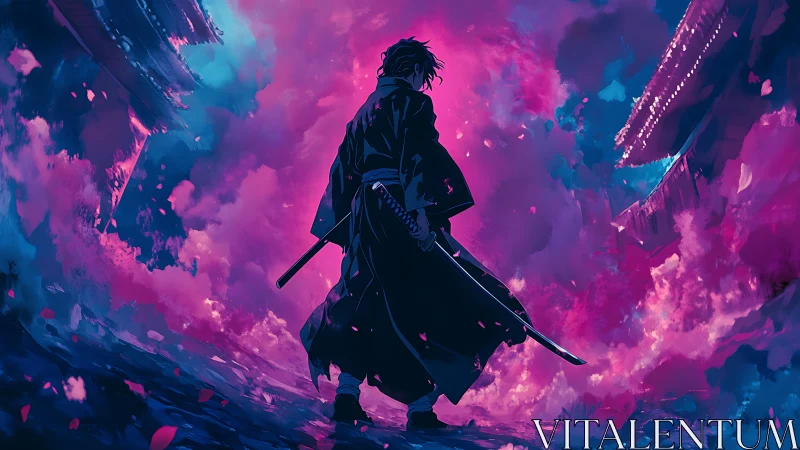 Samurai silhouette before neon clouds and distant structures.