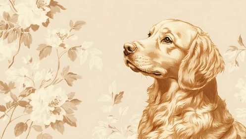 Gentle golden retriever among soft vintage florals.