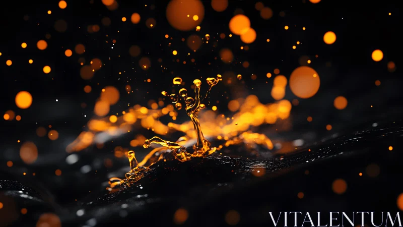 Vivid orange liquid splash with glowing bokeh, abstract art style.