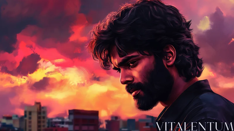 Moody digital portrait of pensive man over neon sunset skyline