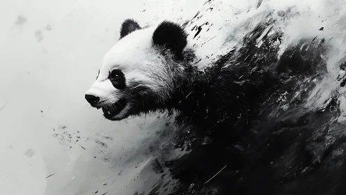 Digital panda portrait dissolving into abstract ink storm.
